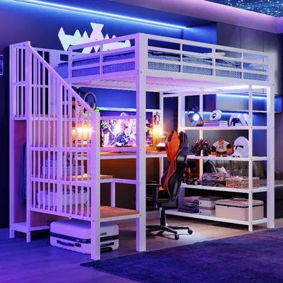 Obrázok produktu pre Vysoká posteľ 140x200 cm, biela, kovová, s písacím stolom, LED osvetlením, zásuvkou a úložným priestorom, vhodná do spálne