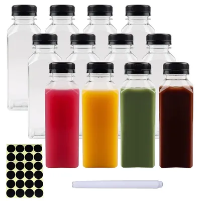 Productafbeelding van Sapfles 350ml - 12 Stuks - Plastic Flessen - Herbruikbare Flessen - Afdichtingsdeksels - Inclusief Pen/Etiketten - Drankfles