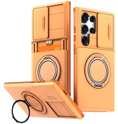 Image de Coque de téléphone avec compartiment pour cartes pour Samsung Galaxy S24 Ultra, protection coulissante pour l'appareil photo, support avec anneau, coque de protection antichoc orange