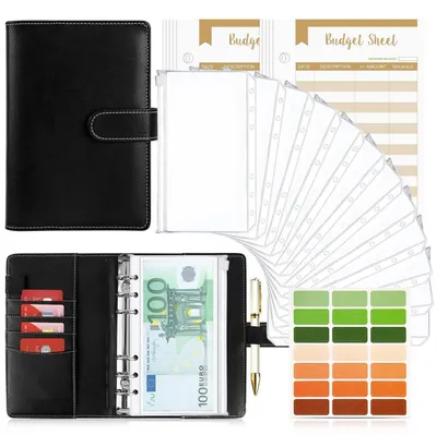 Immagine prodotto di Raccoglitore A6 per la gestione del budget, organizer per denaro, quaderno con scomparti per contanti, colore nero