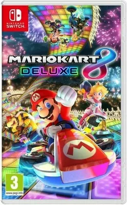 The image is the cover art for the Nintendo Switch game Mario Kart 8 Deluxe, featuring characters from the Mario franchise racing.