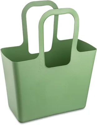 A green tote bag is shown against a white background.