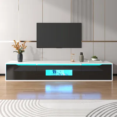Image de Parrot Uncle Meuble TV, meuble TV haute brillance, avec éclairage LED changeant de couleur, noir et blanc, 180*30*35cm