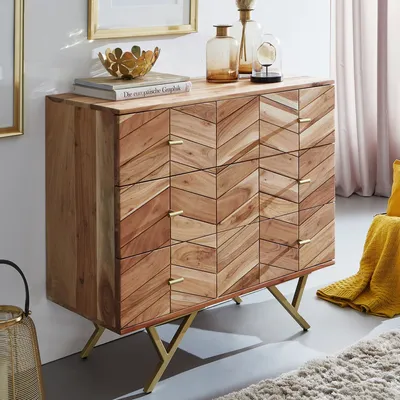 Immagine prodotto di Cassettiera in legno massiccio FineBuy cassettiera in acacia naturale da 90 cm con 3 cassetti credenza in metallo oro
