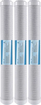 Three white cylindrical water filter cartridges are arranged vertically in a row against a white background.