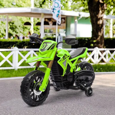 Image de Moto électrique pour enfants avec roues stabilisatrices et effets sonores, moto pour enfants 6V, klaxon, bruit de démarrage, plastique et métal, vert | 105x57x62 cm | 3 km/h | 3–8 ans