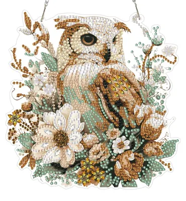 Image de Panneau décoratif en strass, motif chouette, fleurs et plantes, pour fenêtre, double face, avec chaîne, dimensions 18,9 x 19,4 cm, couleurs : vert, marron, blanc