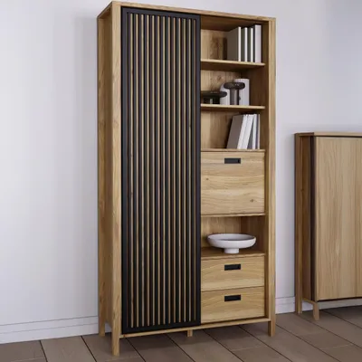 Produktbild von Forte JYTANA Schrank 100 105, skandinavischer Schrank mit 3 Schubladen, 2 Türen und 3 Regalfächern, Mauvella Eiche Holzdekor / Schwarz, 103,4 cm breit x 200,3 cm hoch x 40,2 cm tief