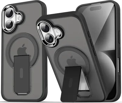Produktbild von Magnet Ständer Hülle für iPhone 17, Kompatibel mit MagSafe, Matt Rückseite Stoßfeste Handyhülle Schwarz