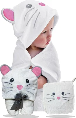 Produktbild von HECKBO Baby Handtuch Kapuze Maus inkl. Waschlappen, ab 0 Jahren, Neuheit: 2 Druckknöpfe, Baby Geschenk Mädchen Jungen, weiches saugfähiges Material 90x100cm Kinder Badetuch Bademantel Kapuzenhandtuch