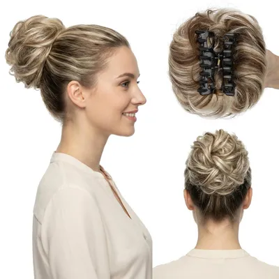 Productafbeelding van Echte haar, rommelige knot met clip, 42 gram, chocoladebruin/gebleekt blond