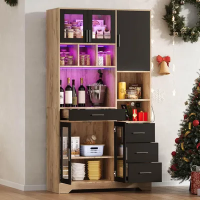 Produktbild von Flieks Küchenregal mit farbwechselnde LED-Leuchten und 2 Wechselstrom-Steckdosen, Küchenschrank 100x40x185cm, Aufbewahrungsschrank, Schwarz