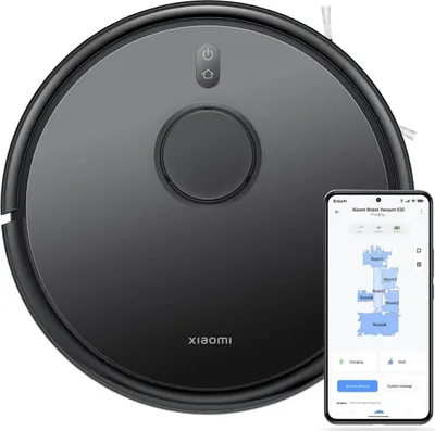 A robot vacuum cleaner and a smartphone displaying its app interface are shown together.