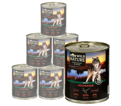 Produktbild von Dehner Wild Nature Hundefutter Hochmoor, Nassfutter getreidefrei / zuckerfrei, für ausgewachsene Hunde, Ente, 6 x 800 g Dose (4.8 kg)
