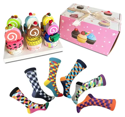 Productafbeelding van 6 paar grappige cupcake-sokken in cadeauverpakking