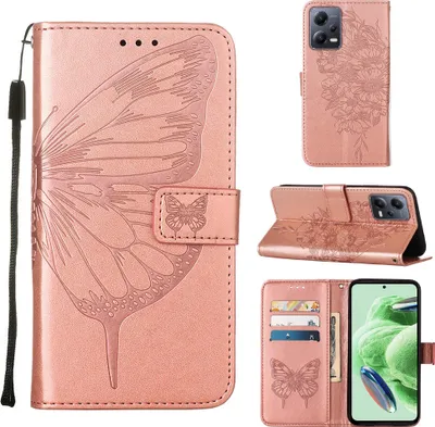 Produktbild von Lederhülle für Xiaomi Poco X5 /Redmi Note 12 5G Schmetterling Prägung Flip Ledertasche Kartenfächer Handyhülle mit Ständer Pink