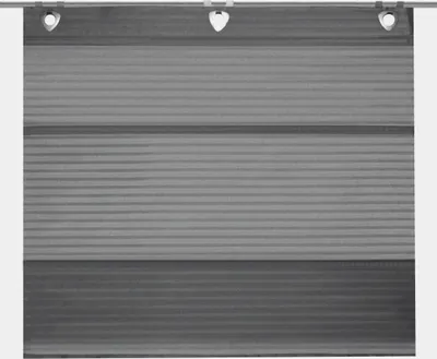 A close-up view of a gray roller blind with horizontal stripes and heart-shaped cutouts at the top.