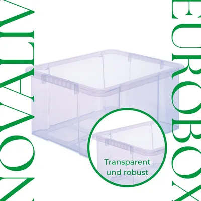 A clear plastic storage box is shown with text overlays and graphic elements.