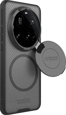 A smartphone case with a magnetic lens cover is shown against a white background.