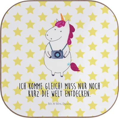 Produktbild von Mr. & Mrs. Panda Untersetzer für Gläser Einhorn Fotograf - Weiß - Geschenk, bieruntersetzer, gläseruntersetzer, Tischuntersetzer, Tassen, Tourist, Urlaub, Kamera, Unicorn