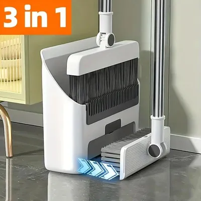 Immagine prodotto di Set 3-in-1 robusto per scope e spazzole, con manico lungo, ideale per uso interno. Include una scopa con manico lungo e antiscivolo