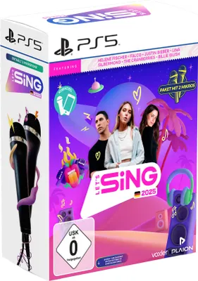 The image shows the front of a PlayStation 5 game box for 'Let's Sing 2025' which includes two microphones.