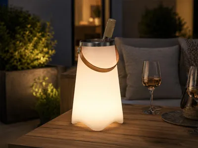 Produktbild von Kabellose Outdoor Tischlampe mit Akku, Flaschenkühler & Bluetooth Lautsprecher