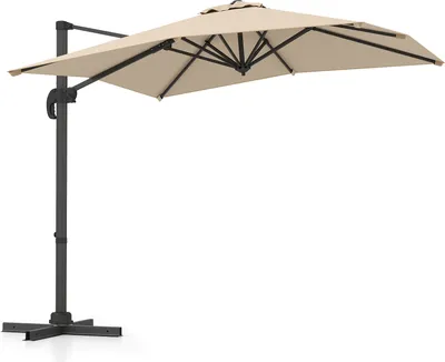 A rectangular cantilever umbrella with a beige canopy and a dark gray pole and base, shown against a white background.