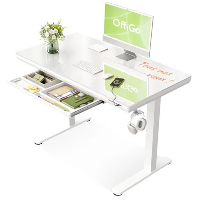 Image de Bureau réglable en hauteur, électrique, dimensions 120 x 60 cm, en verre et métal, de couleur blanche