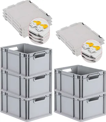 Produktbild von SuperSparSet 5x Eurobox NextGen Grip mit Scharnierdeckel und gelben Schiebeschnappverschlüssen | HxBxT 22x30x40cm | 20 Liter | Grau | Griffe offen | Glatter Boden | Eurobehälter, Transportbox, Transportbehälter, Stapelbehälter