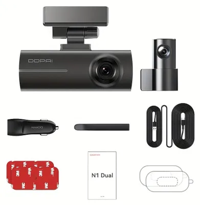 Produktbild von Dashcam mit Dual-Kamera, Front- und Rückkamera, HD-Auflösung, Nachtsichtfunktion, App-Steuerung, Parkmodus und 64 GB Speicherkarte