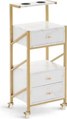 A white and gold rolling trolley with drawers and cup holders.
