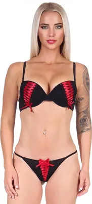 Produktbild von Damen Dessous Set Bügel BH Slip Push-Up String-Tanga Unterwäsche Rot 75 Cup C