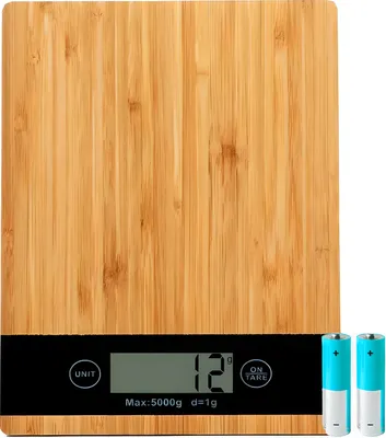 Produktbild von Digitale Küchenwaage bis 5kg Tragkraft mit gehärtetes Glas Digitalwaage Zuwiegefunktion LCD-Anzeige Haushaltswaage Tara Essenswaage Bambus Retoo