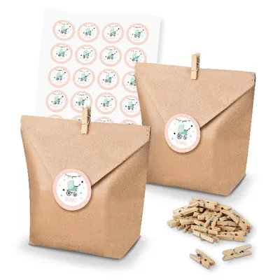 Produktbild von itenga SET 24x Geschenktüten + Klammern Danke / Kinderwagen Vintage (Motiv 132)
