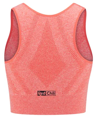 Rückansicht des Waki Seamless Tops von RedChili in korallenrot mit strukturiertem Design.