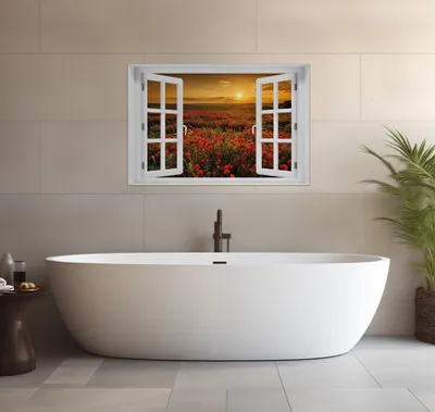Produktbild von Wallario wasserfestes Poster selbstklebend 91,50 x 61 cm, Mohnblumenwiese bei Sonnenuntergang am Abend, Badezimmerposter Spritzschutz mit Hochglanzoberfläche in Glasoptik
