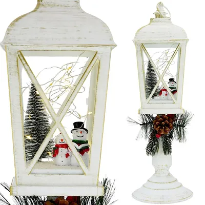 Image de Lanterne de Noël LED avec des motifs de bonhommes de neige, 48 cm, blanche, avec minuterie, fonctionnant sur piles