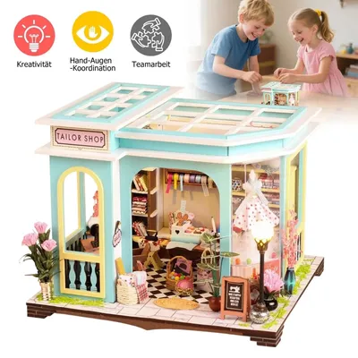 Produktbild von Puppenhaus Zubehör DIY Miniaturhaus Kit Handgefertigtes Holzhaus zum Zusammenbauen mit Möbeln und LED und kreatives Zimmergeschenk Schreinerei-Bausatz