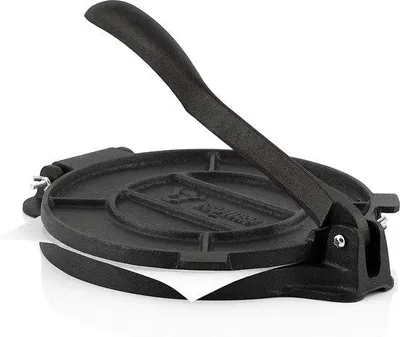 Obrázok produktu pre Unyqoos® Lis na tortilly z liatej železnej konštrukcie, priemer 20 cm – na prípravu domácich kukuricových tortíl, predvidený kořením, vrátane pečiacieho papiera, ideálny na kempovanie a domáce použitie