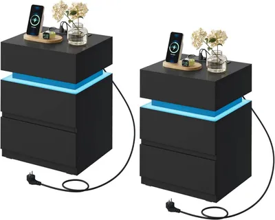 Produktbild von WOLTU Nachttisch mit Ladefunktion, LED-Beleuchtung 25 Lichtfarben, 2 Schubladen : Schwarz 2 Farbe: Schwarz Stückzahl: 2