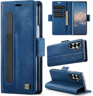 Image de Étui en cuir pour Samsung Galaxy Z Fold 7, protection RFID, fermeture magnétique, fentes pour cartes et support Bleu