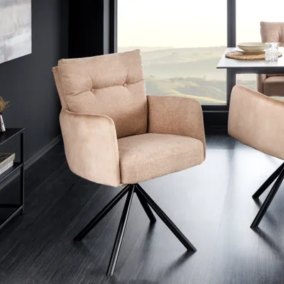 Produktbild von riess-ambiente Drehbarer Design Stuhl BIG GEORGE champagner beige Samt Federkern mit Armlehne Drehstuhl Esszimmerstuhl Essstuhl
