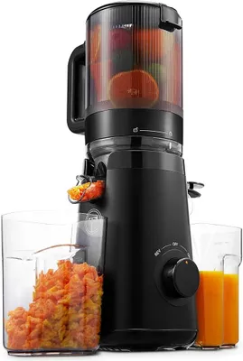 Productafbeelding van Juicer, slow juicer met een extra grote vulopening van 135 mm, juicer voor groenten en fruit, winnaar van tests, geschikt voor hele vruchten en groenten, sapmachine, BPA-vrij, glanzend zwart