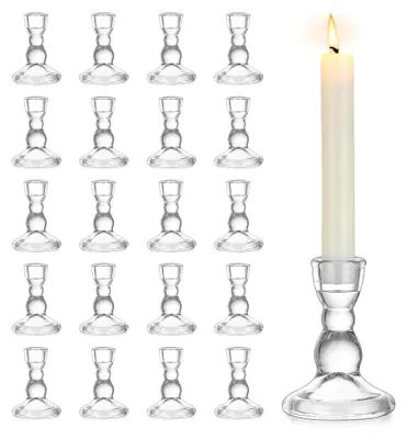 Produktbild von Glas Kerzenhalter für Stabkerzen: 20er Set klare Kerzenhalter für Tischdekoration - Vintage Kerzenständer für Stabkerzen - Hochzeitskerzenhalter für Weihnachten und Adventsdekoration
