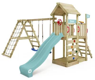 Produktbild von Spielturm Wickey RocketFlyer mit Kletteranbau und Rutsche, aus Holz, pastellblau