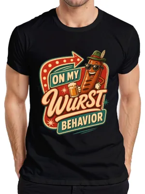 Imagen del producto de Camiseta para hombre, diseño "On My Wurst Behavior", con motivos de bratwurst, cerveza, , lederhosen y dirndl. Color: . Talla: XXL