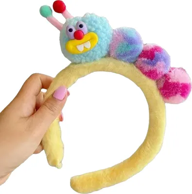 Produktbild von Raupen-Haarreif für Mädchen, flauschig, Cartoon-Form, kräftige Farben, Make-up-Reinigung, Gesicht, Haargummi, Haarstyling-Accessoire