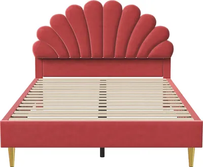 Image de Fortuna-Lai Lit double rembourré 140x200cm - avec tête de lit fleurie, sommier à lattes, velours, style scandinave - Rouge