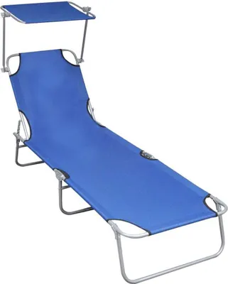 A blue folding lounge chair with a sunshade, shown against a white background.